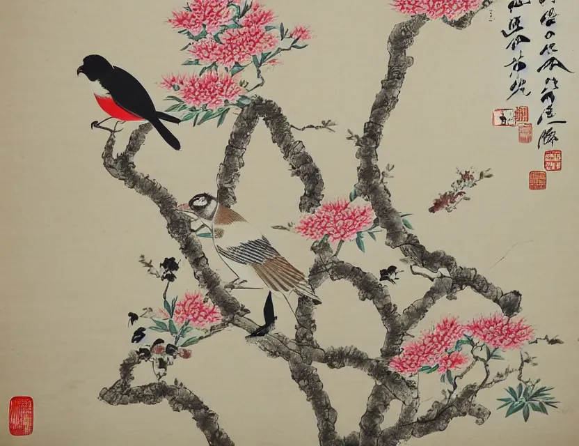 Image similar to bird in the garden and flowers chinese style art very detailed