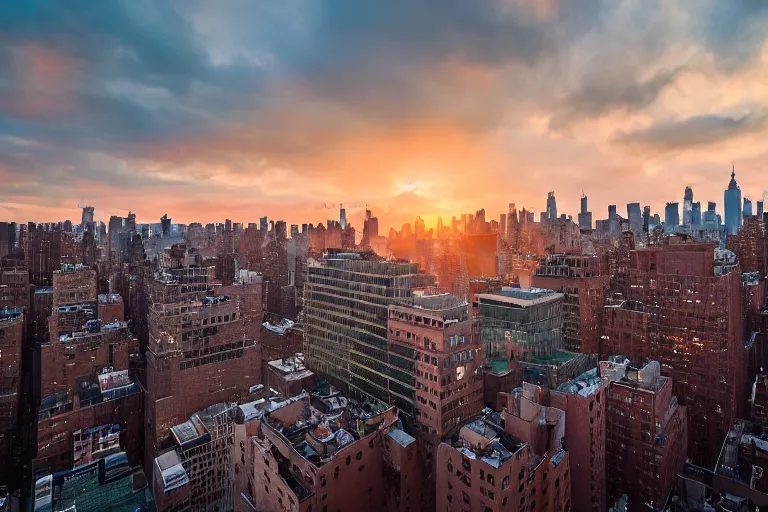 Prompt: photograph looking out of an apartment window in manhattan new york city, sunrise!! dawn, early morning light, cinematic, epic scene, volumetric light, highly detailed, 50mm, f8, fujifilm, Daniel Kordan, Flickr, 500px,
