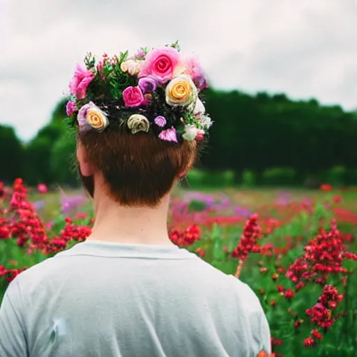 Image similar to kodak portra 4 0 0 photograph of a skinny blonde goth guy standing far back in a field of flowers, back view, flower crown, moody lighting, telephoto, 9 0 s vibe, blurry background, vaporwave colors, faded!,