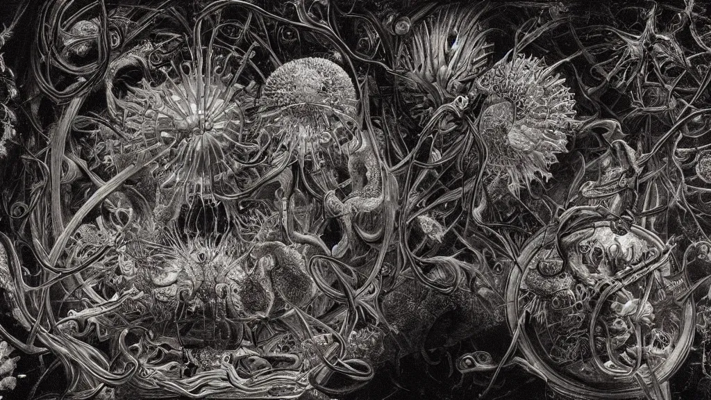 Image similar to a beautiful painting of a coronavirus inside a television screen, dark, sinister, detailed, high contrast, art by Ernst Haeckel and Greg Rutkowski