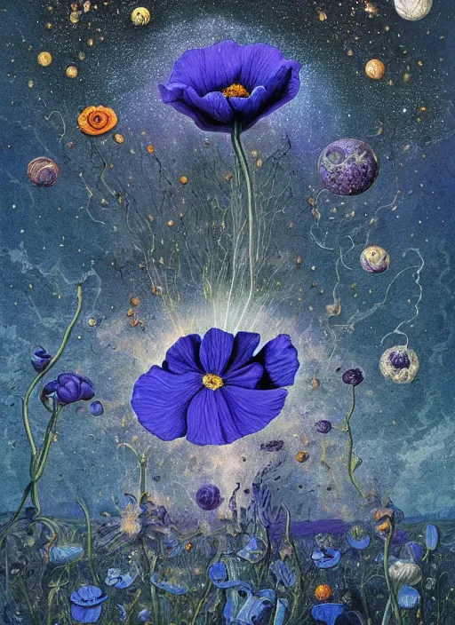 Image similar to detailed, intricate blue black and purple papaverum flower on the field, nebula, galaxy in the sky, winning award masterpiece, fantastically beautiful, illustration, aestheticly inspired, jacek yerka, upscale with anguissola sofonisba work, artstation, 8 k