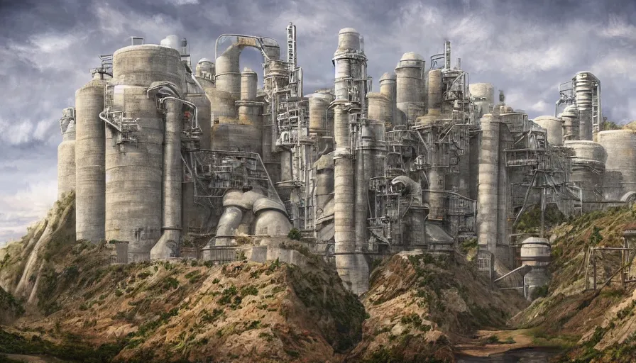 Prompt: cement factory on a cliff. incredibly detailed fantasy art