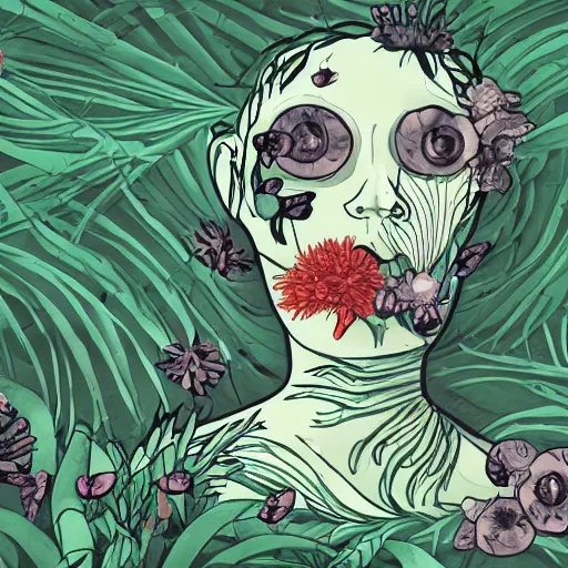 Prompt: illustration of a cyborg overgrown with shells and flowers