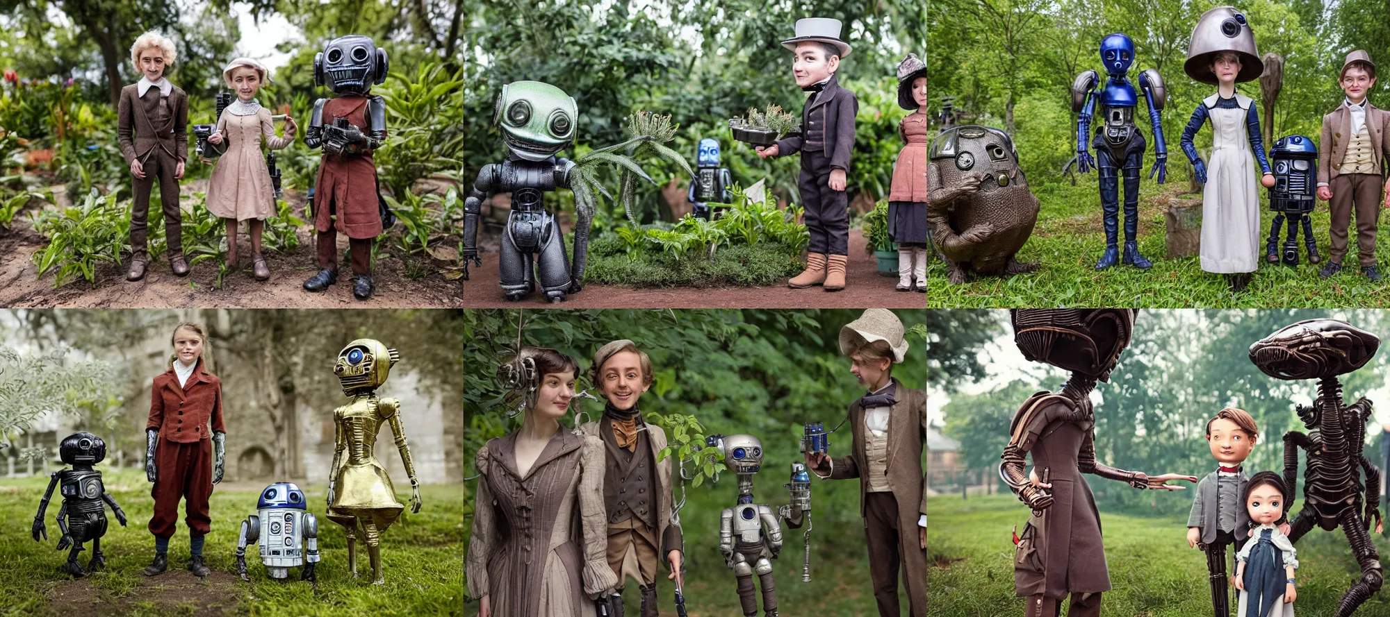 Prompt: detailed, sharp, a girl and a boy standing next to some alien plants with their droid next to them, looking happy, wearing 1850s era clothes, their small pet alien creature is standing nearby, in a park on an alien planet, steampunk, extremely highly detailed, hyperrealistic, in focus faces, highly detailed faces, 70 mm still from a period sci fi movie, 4k, HD