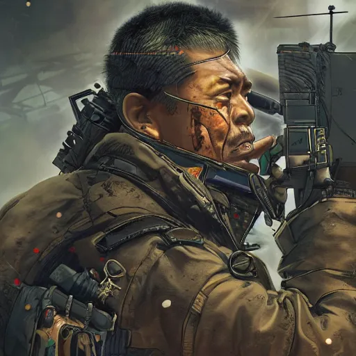 Prompt: 8K detailed realistic illustration of a post-apocalyptic cyberpunk Indonesia war general in the style of Yoji Shinkawa, high resolution
