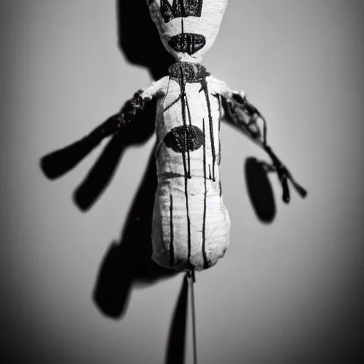 Image similar to a living large voodoo doll with needles, black and white photo, 4k, realistic, real photography, hyperreal