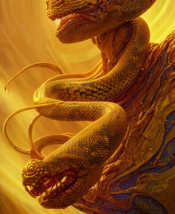 Image similar to intricate colorful golden portrait of a terrifying beautiful alien snake creature, mottling coloring, adorable, childlike, medical equipment hospital environment, ultra realistic, concept art, art nouveau, photorealistic, octane render, 8 k, unreal engine. art by christopher marley and artgerm and greg rutkowski and alphonse mucha