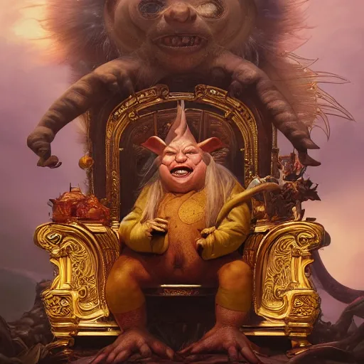 Prompt: a detailed portrait of a fat goblin king sitting on a golden throne, by justin gerard and greg rutkowski, digital art, realistic painting, dnd, character design, trending on artstation