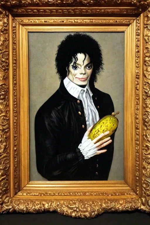 Image similar to a 1 6 0 0 s framed portrait painting of michael jackson holding a large pickle, intricate, elegant, highly detailed