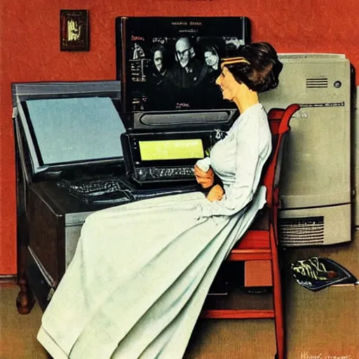 Prompt: A woman using a huge computer with cranks , art by Norman Rockwell