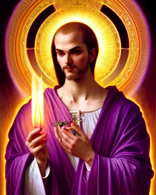 Prompt: symmetry portrait of saint germain holding a violet flame, intricate, elegant, highly detailed, digital painting, artstation, concept art, smooth, sharp focus, illustration, art by artgerm and greg rutkowski and fra angelico and alphons mucha