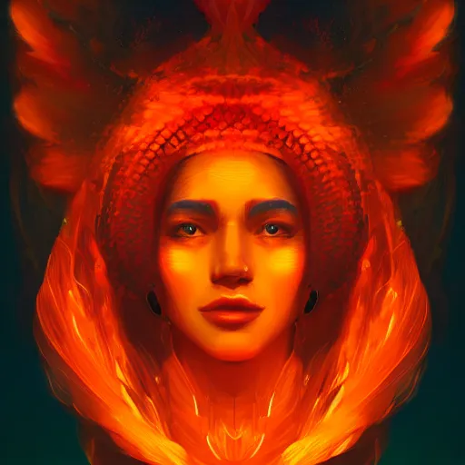 Prompt: a beautiful portrait of a flame goddess by Petros Afshar and Beeple, Trending on Artstation, Flaming Background