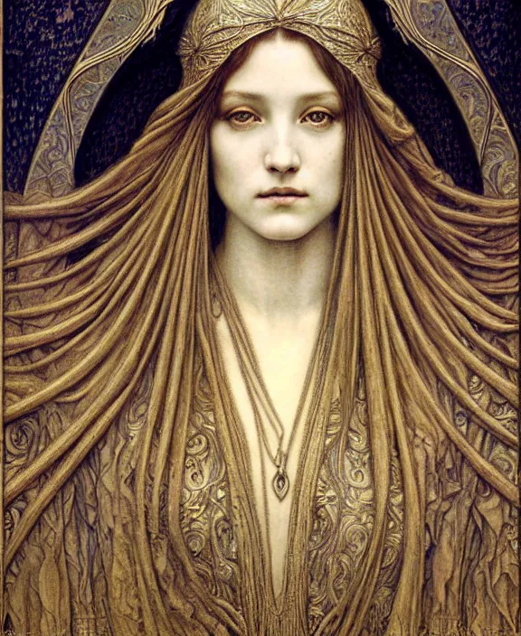 Image similar to detailed realistic beautiful young medieval queen face portrait by jean delville, gustave dore and marco mazzoni, art nouveau, symbolist, visionary, gothic, pre - raphaelite. horizontal symmetry