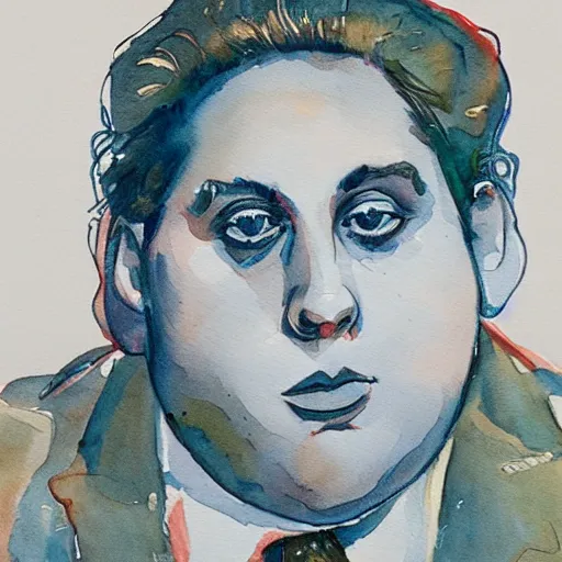 Image similar to jonah hill, stylized. Watercolor and ink. 1990s.