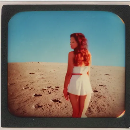 Image similar to vintage polaroid photo of a beautifuk young woman on the moon, the earth visible in de background, warm azure tones, red color bleed, film grain