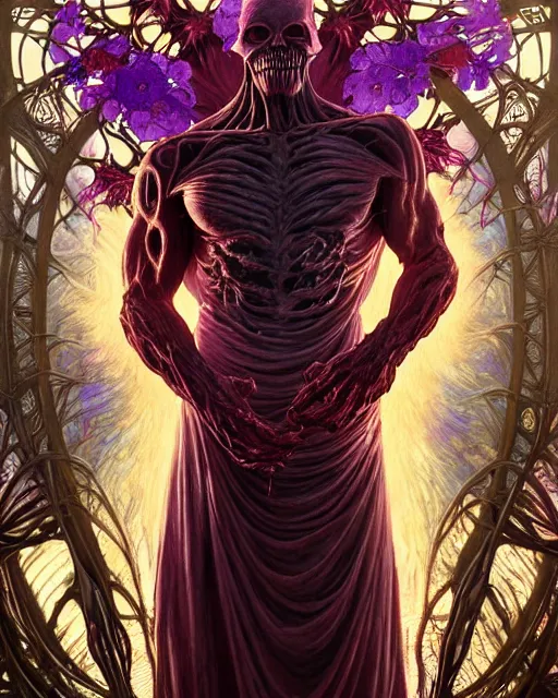 Image similar to the platonic ideal of flowers of cletus kasady ultimate carnage thanos dementor doctor manhattan chtulu nazgul, detailed, intricate, hyperrealism, intense, scary, decay, dmt, art by brock hofer and artgerm and greg rutkowski and alphonse mucha