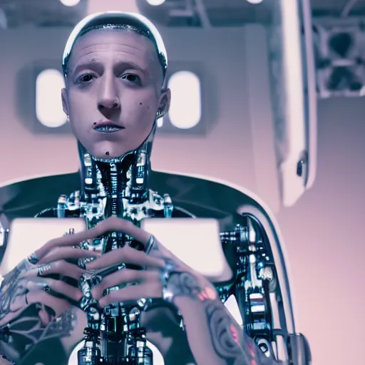 Image similar to a cinematic film still of rapper lil skies as a cybernetic cyborg, cgi, surrealism, film photography