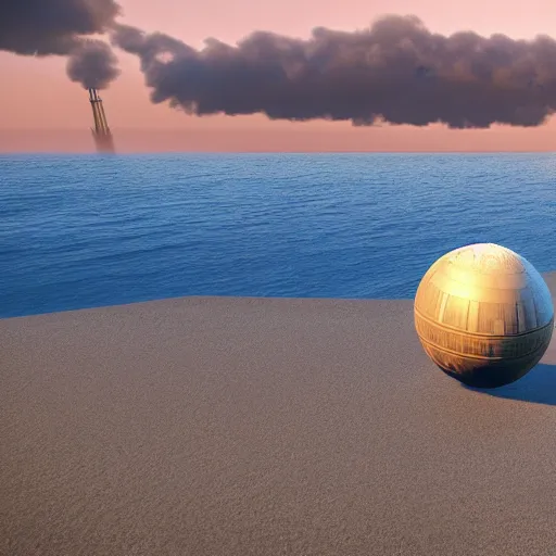 Prompt: the death star floating above a beautiful beachfront, raining gold, unreal engine rendering, highly detailed