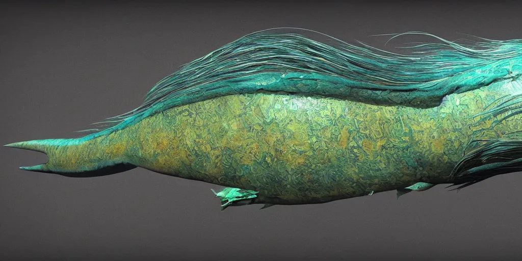 Prompt: mahi - mahi, stylized layered textures, long flowing fins, bioluminescent orbs, 3 d render, substance painter, glowing eye, smooth, sharp focus, art by h r giger