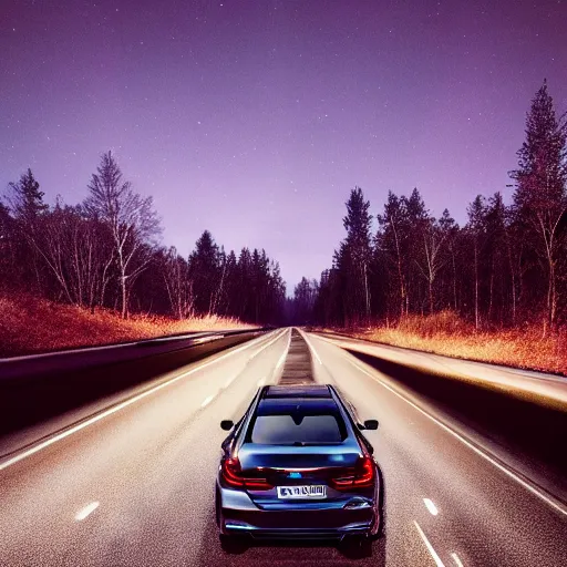 Prompt: a [ bmw 7 ]!! driving on an empty highway at night, [ fireworks in the sky ]!!, and a [ wooded forest ] in the background, trending on unsplash, [ 4 k photorealism ]!!, [ golden ratio ]!!, centered!!