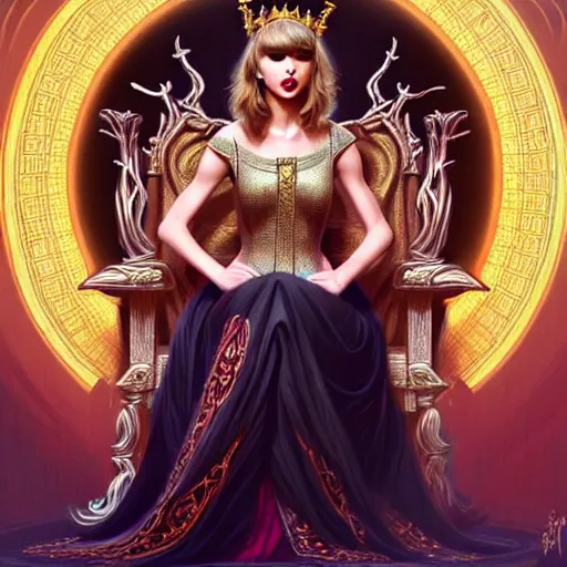 Image similar to Taylor Swift sitting on a majestic throne wearing a crown, D&D style, fantasy, intricate, elegant, highly detailed, digital painting, artstation, concept art, matte, sharp focus, illustration, art by Artgerm and Greg Rutkowski and Alphonse Mucha