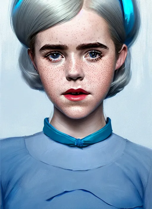 Image similar to portrait of kiernan shipka with freckles, white hair, 1 9 6 0 s bob hairstyle with bangs and hairband, blue 1 9 6 0 s dress, intricate, elegant, glowing lights, highly detailed, digital painting, artstation, concept art, smooth, sharp focus, illustration, art by wlop, mars ravelo and greg rutkowski