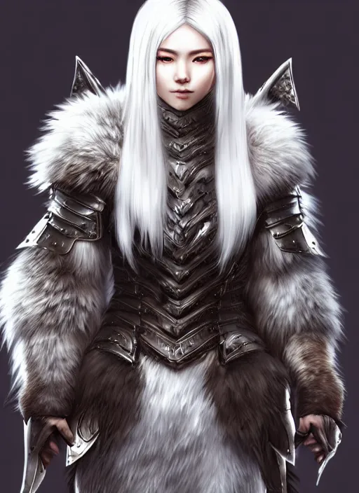 Image similar to warrior, fur - lined wolf armor!!! beautiful and elegant white hair female!! monster hunter!! character concept art, sharp focus, octane render! unreal engine 5! highly rendered!! trending on artstation!! detailed linework!! illustration by artgerm, wlop, and chie yoshii