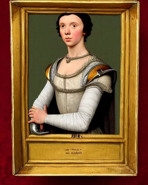 Prompt: medieval portrait of millie bobby brown dressed as a knight, in the style of eugene de blaas