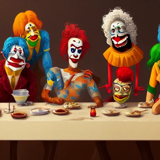 Image similar to last Supper of clowns, high quality, hyperdetalied,artstation,8K,