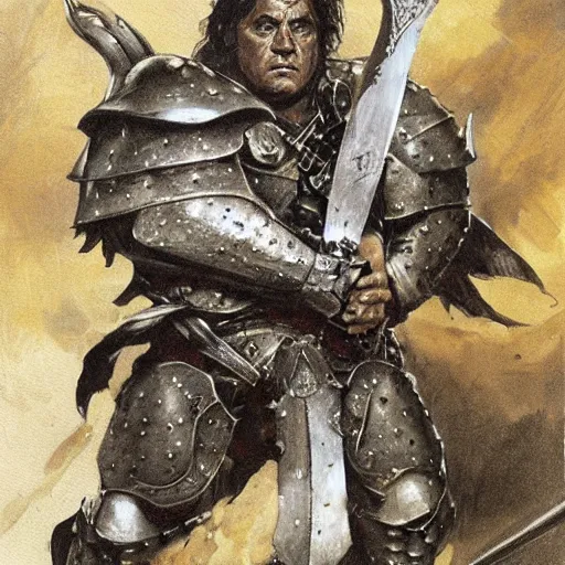 Image similar to portrait of danny devito wearing armor and holding sword by frank fazetta, fantasy, barbarian