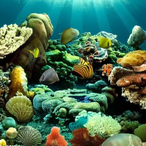 Image similar to a beautiful render of an underwater seabed habitat with seaweed, molluscs, reef