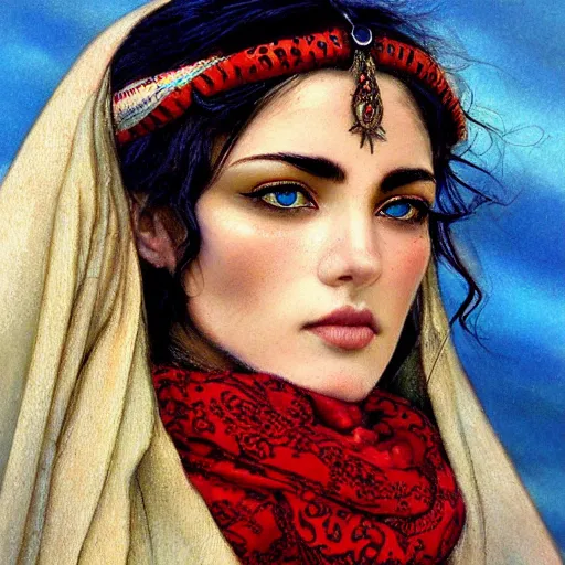 Prompt: realistic detailed face portrait of a beautiful gypsy woman with a scar across her cheek wearing a red scarf by gerald moira, ayami kojima, amano, greg hildebrandt, ann long, and mark brooks, female, feminine, art nouveau, victorian, neo - gothic, gothic, character concept design