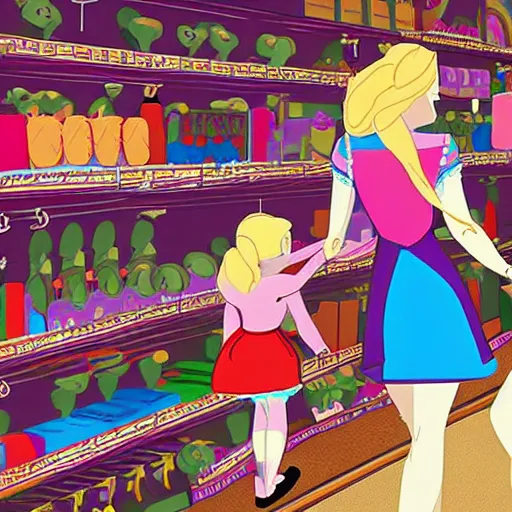 Prompt: a hand drawn illustration of Anna and Elsa walking through a toy store together, digital art, Walt Disney Pictures Walt Disney Animation Studios