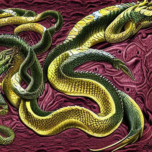 Image similar to A chimeric hybrid between a snake, dragon, and scorpion, digital art, detailed