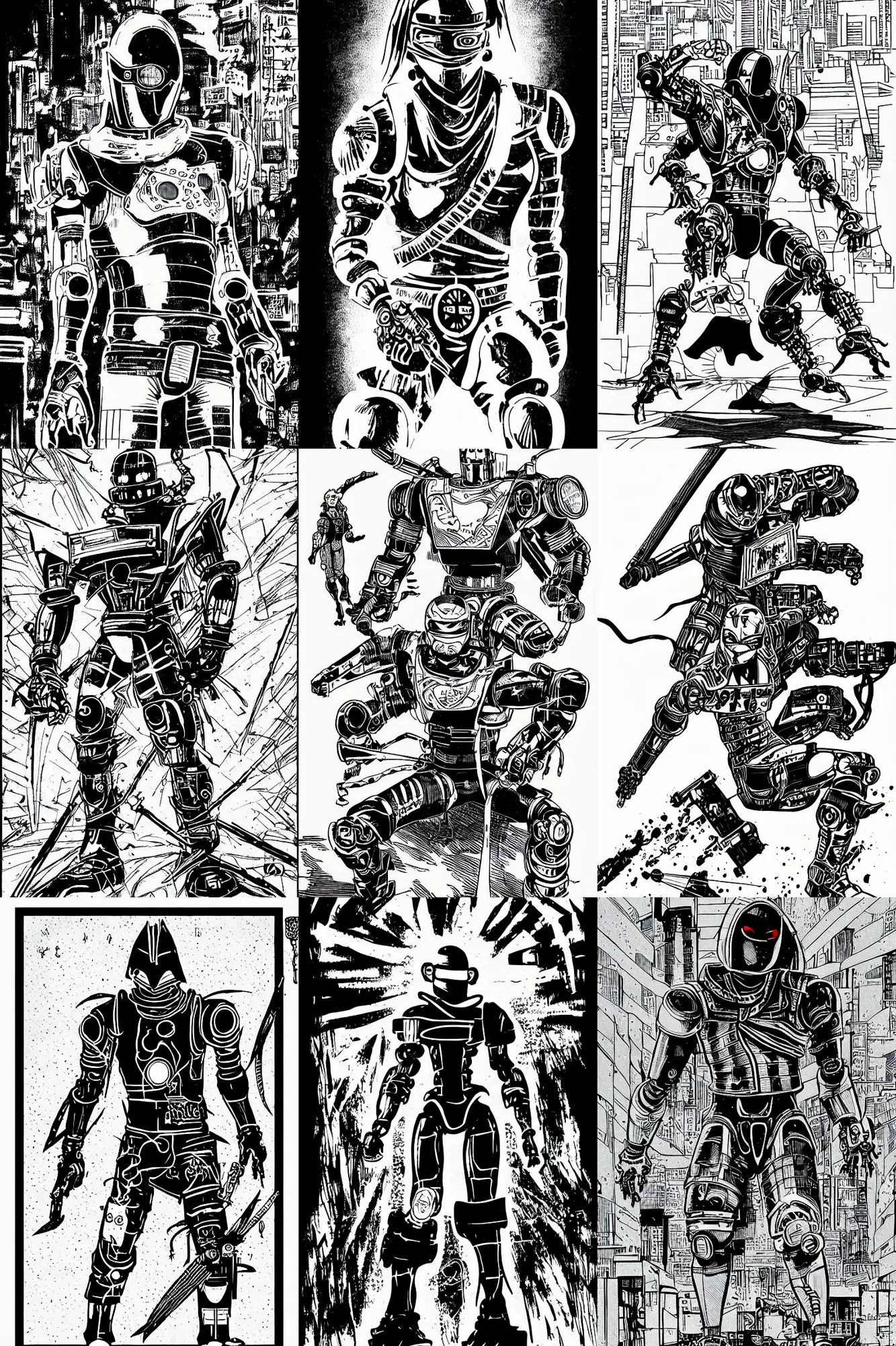 Prompt: robot ninja, illustration from cyberpunk 2 0 2 0, style of paolo parente, style of mike jackson, 1 9 9 0 s comic book style, plain background, ink drawing, black and white