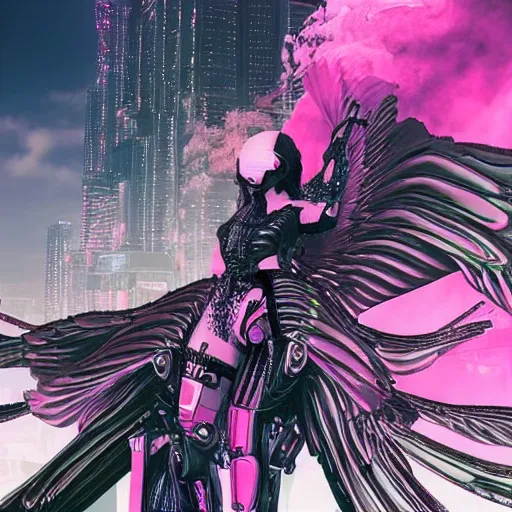 Prompt: cyberpunk valkyrie flying with wings of metal, pink smoke rising from the city below