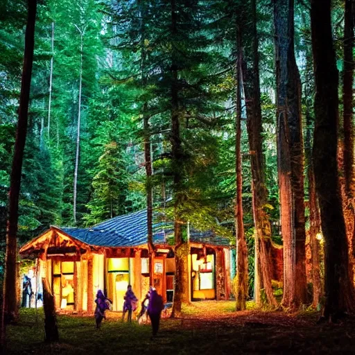 Image similar to wild rave at a beatiful woodland cabin