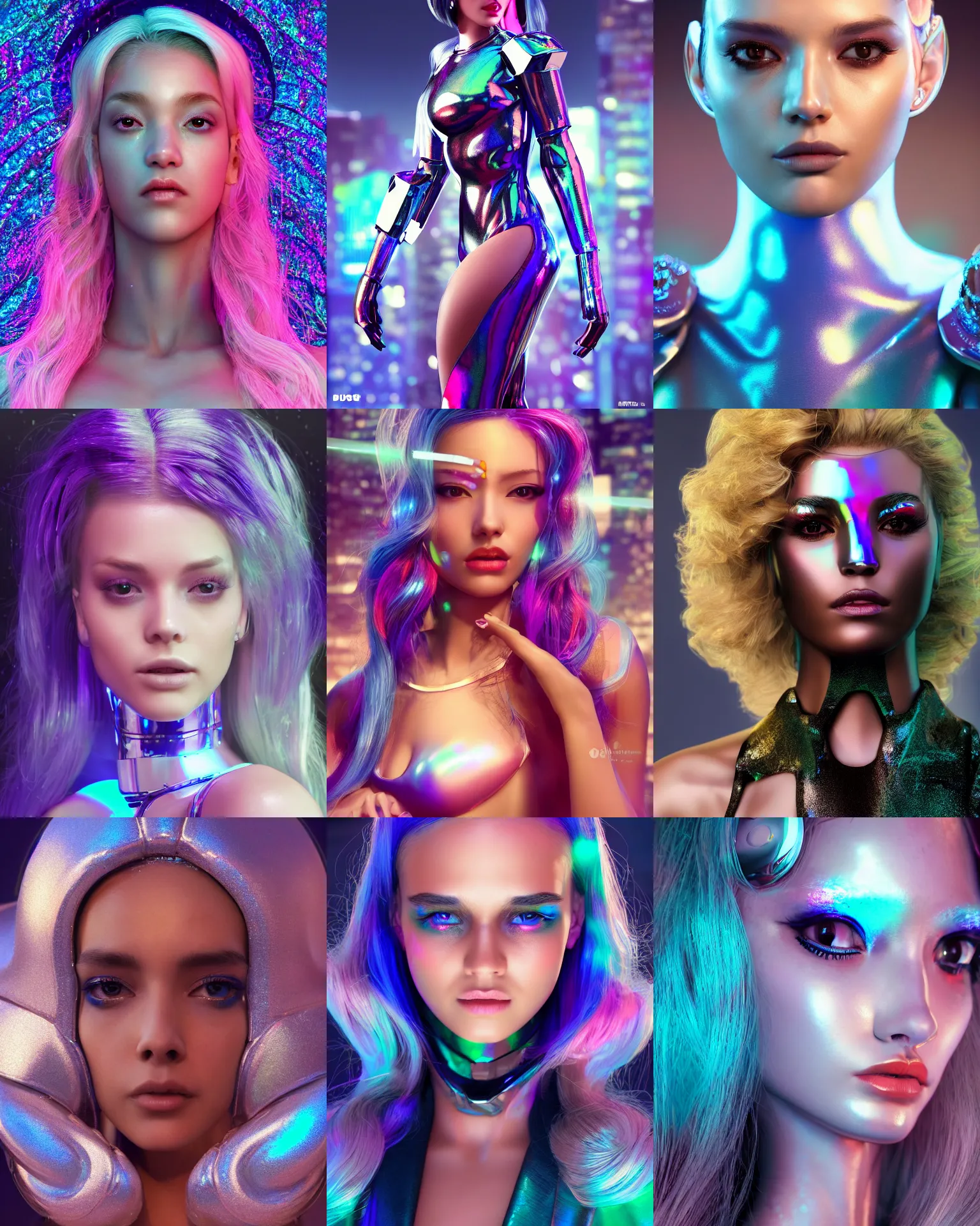 Prompt: BOTS magazine cover portrait :: of a cute gorgeous shiny pearlescent iridescent young woman cyborg on a crowded packed nyc sidewalk, high fashion photoshoot, elaborate hair, intricate details, jewelry, thin bodysuit, :: octane render, volumetric lighting, trending on artstation, anime girl, ue5, rossdraws, blender render, photoreal, sci-fi, science fiction, :: Madison beer, Jessica alba, megan fox, adriana lima, ::