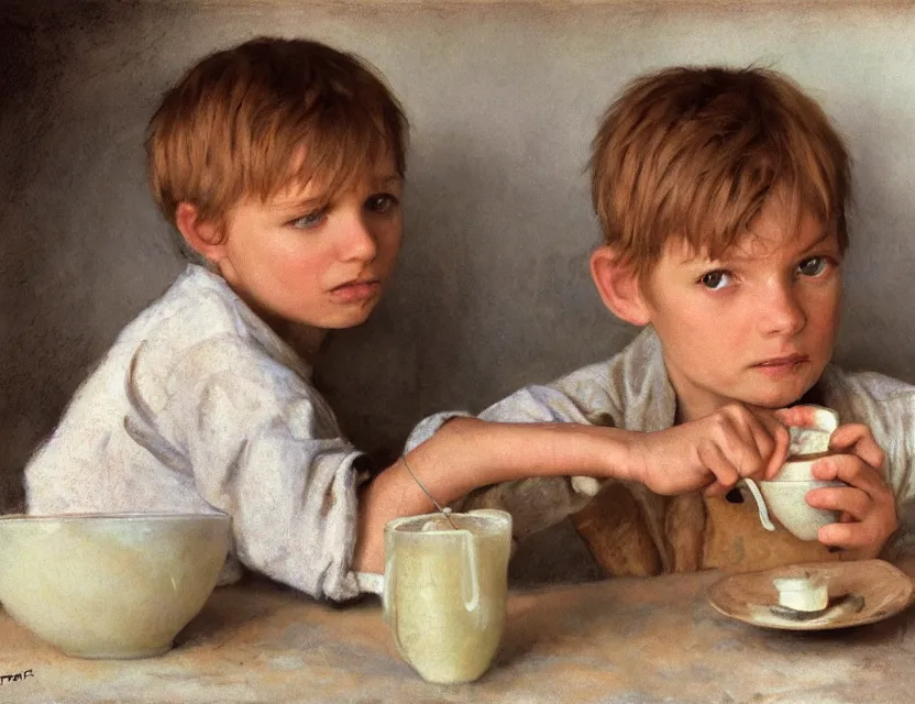 Prompt: portrait of little peasant boy drinking milk, bread, cottage core, cinematic focus, polaroid photo bleached vintage pastel colors high - key lighting, soft lights, foggy, by steve hanks, by lisa yuskavage, by serov valentin, by tarkovsky, 8 k render, detailed, oil on canvas