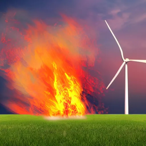 Image similar to A wind turbine on fire, realistic, photo, highly detailed, soft lighting