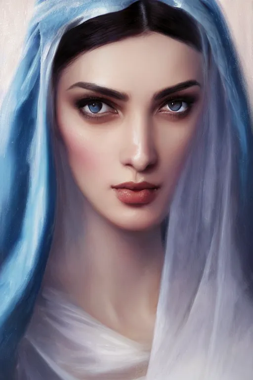 Prompt: ameera al taweel, bright blue eyes, long wavy black hair, white veil, front closeup, cinnamon #b57e59 skin color, elegant, highly detailed, centered, oil painting, artstation, concept art by tom bagshaw