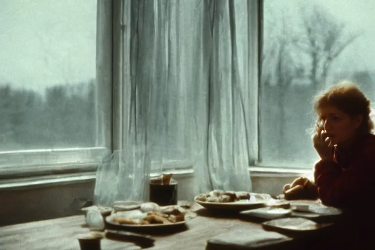 Image similar to soviet movie still a soviet woman sitting at a table next to the window with food, dark warm light, a character portrait by margarita terekhova, movie stalker solaris film still by andrei tarkovsky, 8 k, 1 9 8 4, close - up bokeh, gelios lens, color, noir