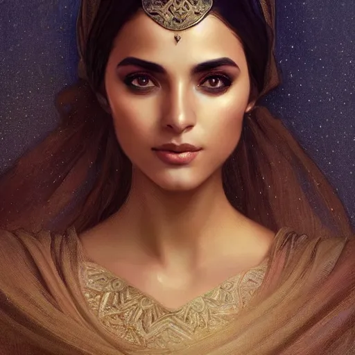 Image similar to Portrait of very very very very very very beautiful Arab woman, Niqab, glowing magical eyes, intricate, elegant, highly detailed, digital painting, artstation, concept art, smooth, sharp focus, illustration, art by artgerm and greg rutkowski and alphonse mucha