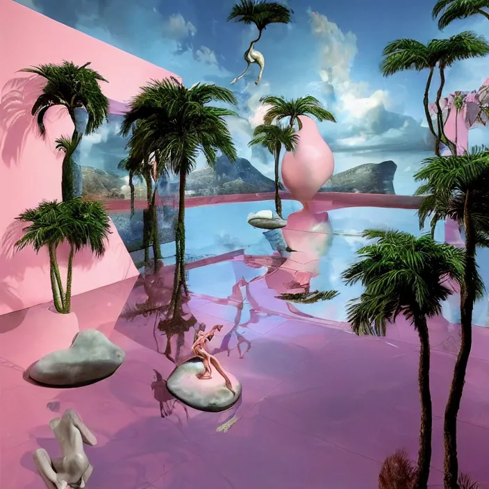 Image similar to hyperrealistic random objects in a surreal minimalistic dreamscape environment by salvador dali, enormous pink mannequin head statue, highly detailed, 3 d render, vray, octane, beautiful lighting, photorealistic, intricate, elegant, wayne barlowe, water, mirrors, doorway, beautiful, masterpiece, trending on artstation, artgerm, checkered floor, palm tree