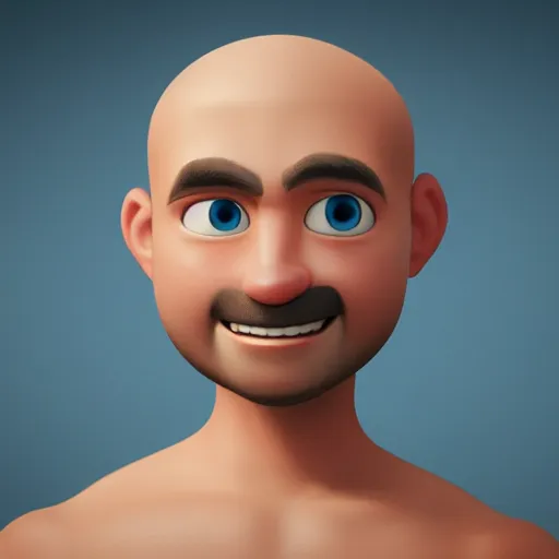 Image similar to handsome thin athletic white man with short buzzed thinning hair, facial stubble and blue eyes posing, depicted as a Pixar character, high quality cg render, 4k