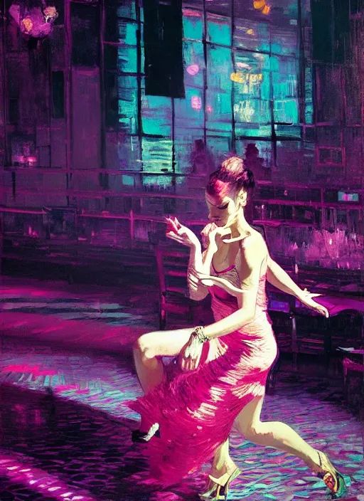 Image similar to nightclub portrait of a beautiful girl, ecstatic dancing, eyes closed, shades of pink, beautiful face, rule of thirds, intricate outfit, spotlight, by greg rutkowski, by jeremy mann, by francoise nielly, by van gogh, digital painting