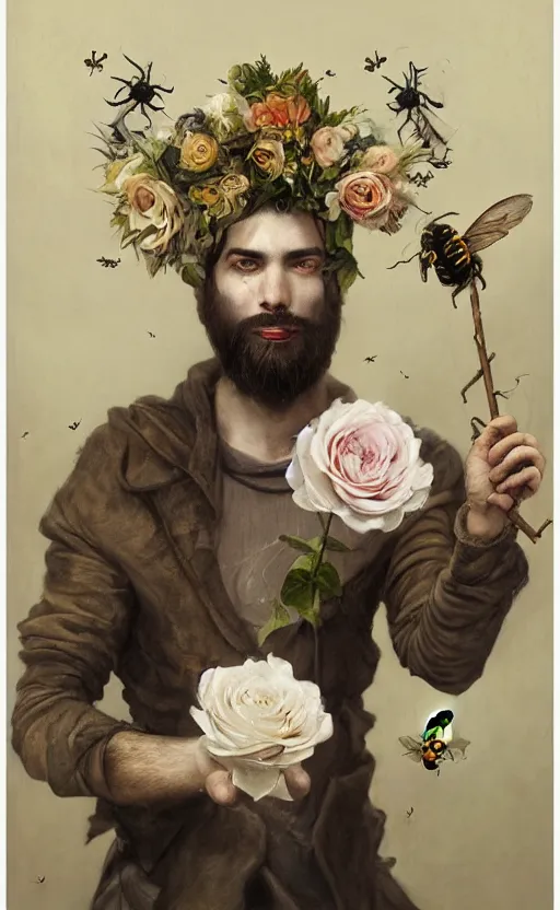 Prompt: a painting of a young bearded man holding a white rose and a stick, jester hat, small dog, a surrealist painting by marco mazzoni, peter mohrbacher, nychos, cgsociety, neo - figurative, detailed painting, rococo, bees, oil on canvas, birds seapunk, biomorphic lovecraftian