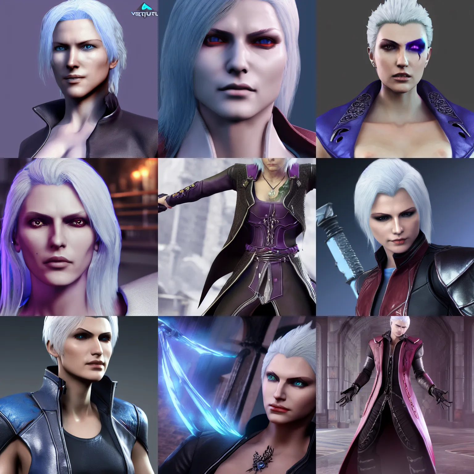 Prompt: Render of Vergil from the game Devil May Cry as a woman, highly detailed, trending on artstation, unreal engine 4k