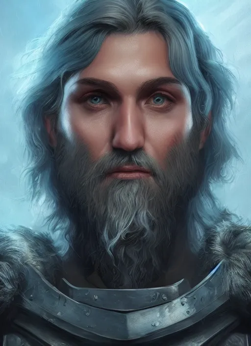 Prompt: an epic fantastic realism comic book style portrait painting of an aasimar paladin, male, shaggy silver hair, short brown beard, d & d concept art, unreal 5, daz, teal aesthetic, octane render, cosplay, rpg portrait, dynamic lighting