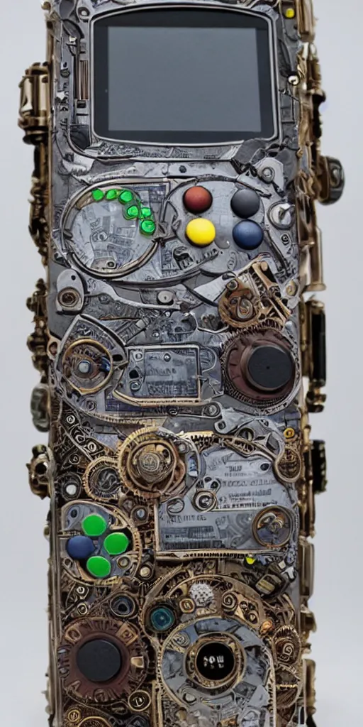 Image similar to an extremely complex and advanced steampunk gameboy